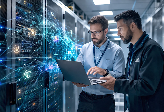Two engineers reviewing data in a server room